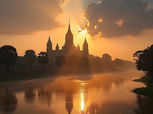 Golden sunrise light illuminating the ancient prangs of Wat Chaiwatthanaram in Ayutthaya