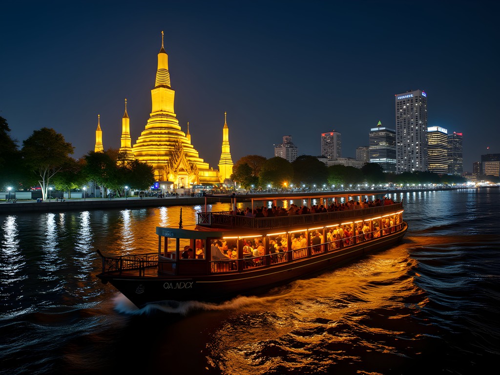 Illuminated boats on Chao Phraya River in Bangkok at night with lit temples in background
