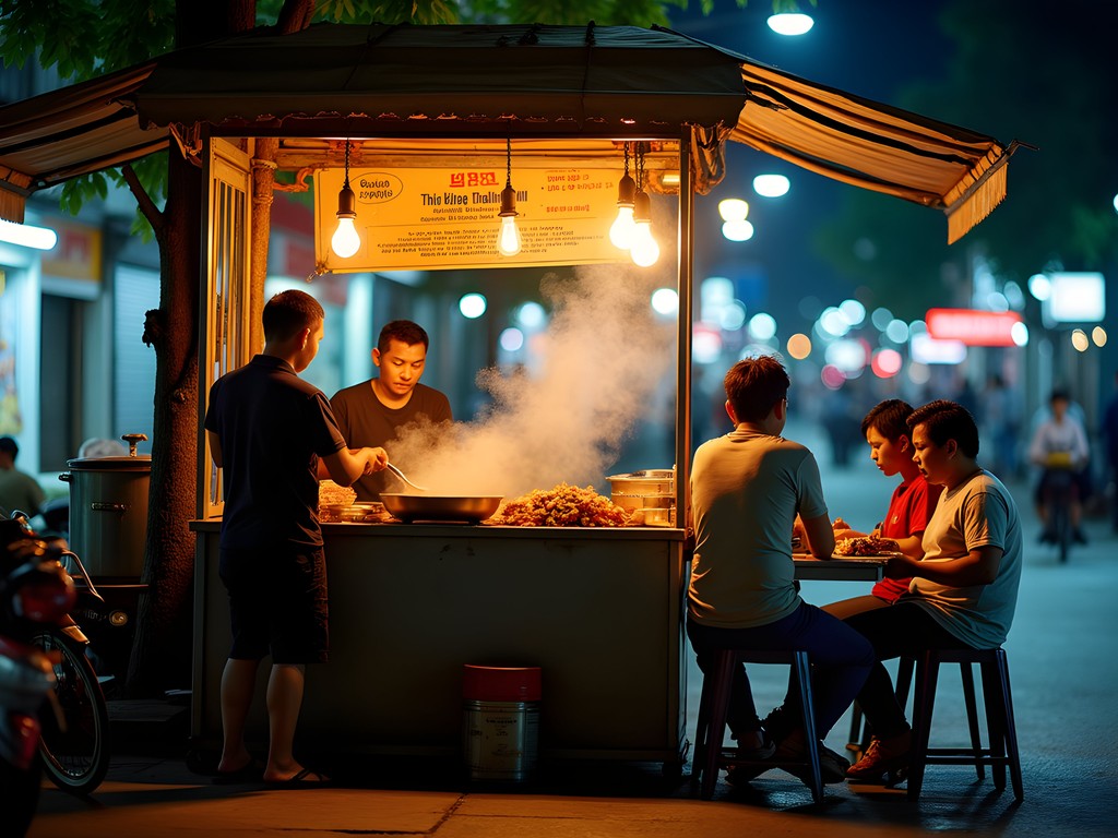 Authentic late-night food stall in Bangkok with locals dining