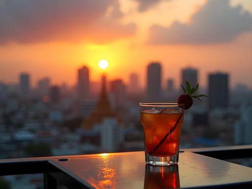 Man enjoying sunset view from Bangkok rooftop bar with city skyline