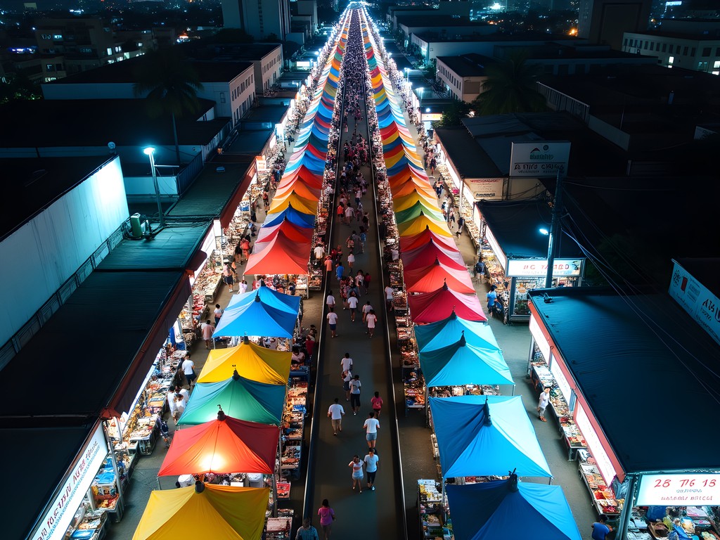 Aerial view of colorful Ratchada Train Night Market in Bangkok at night