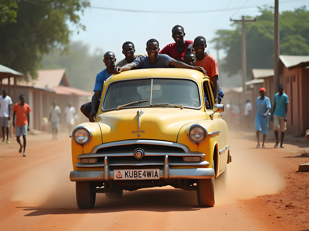Colorful shared taxi in Bangui streets showing local transportation options
