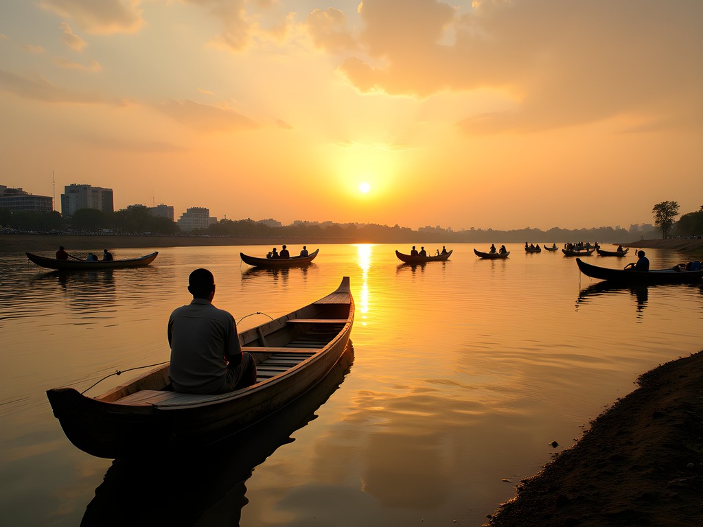 Sunset view of Bangui skyline along the Ubangi River with traditional boats