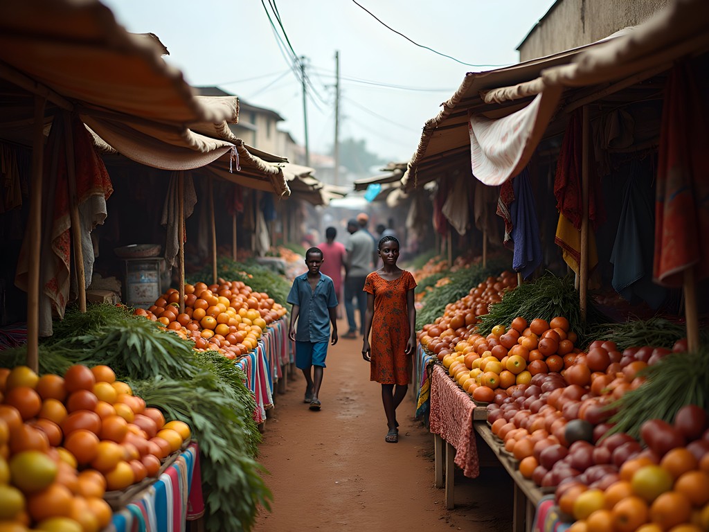 Colorful market stalls in Kilomètre 5 district of Bangui with local vendors and products