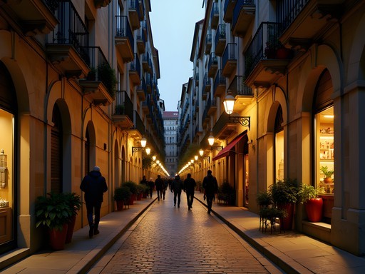 Atmospheric narrow street in El Born neighborhood at dusk with historic buildings and local shops