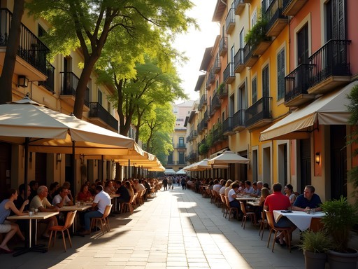 Locals enjoying afternoon drinks at a sunny plaza in Gràcia neighborhood, Barcelona