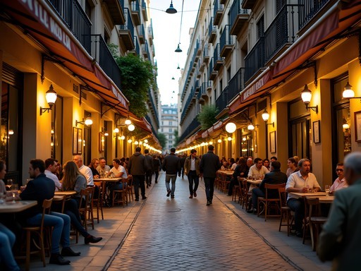 Locals enjoying evening pintxos and drinks on Carrer Blai in Poble-sec neighborhood