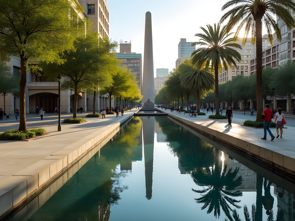 Post-industrial urban park with water features and architectural elements in Sants neighborhood
