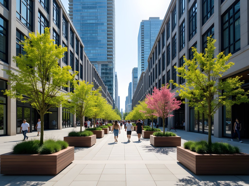 Bellevue's Downtown Pedestrian Corridor with modern architecture and spring blooms