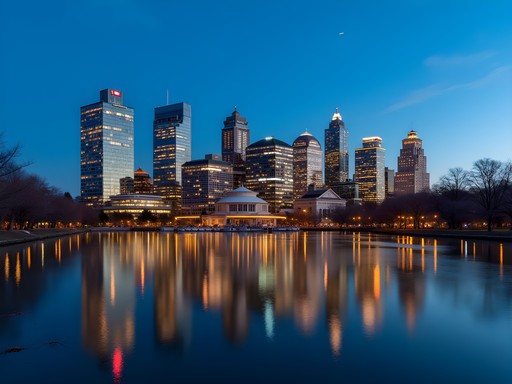 Bellevue skyline illuminated at night viewed from Meydenbauer Bay