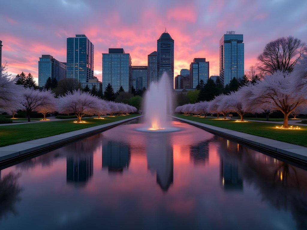 Bellevue skyline reflecting in Downtown Park pond at sunset