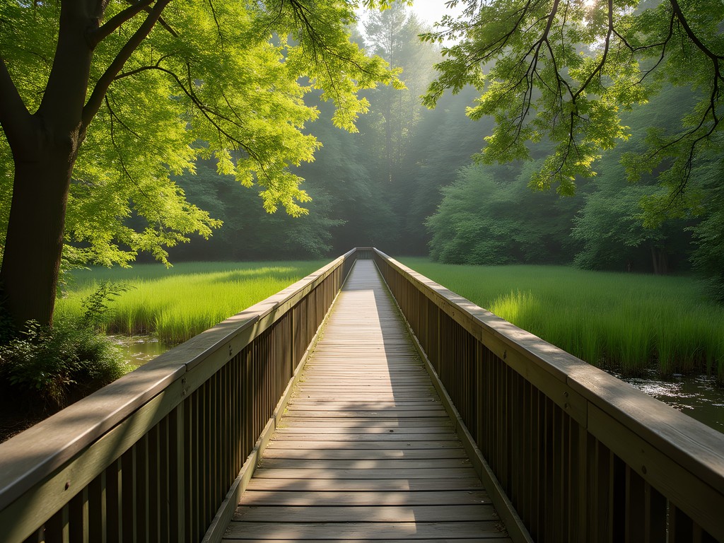 Wooden boardwalk through lush wetlands at Mercer Slough Nature Park