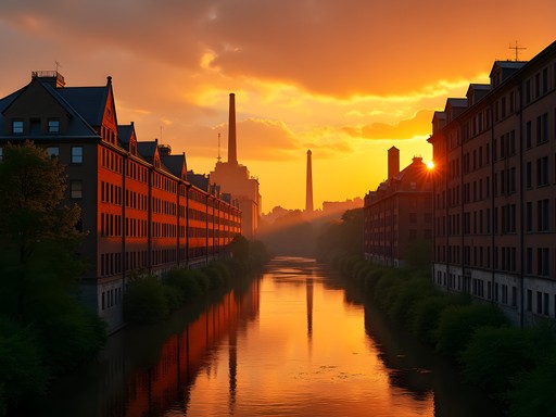 Sunset view of industrial buildings along Spree River in Schöneweide, Berlin