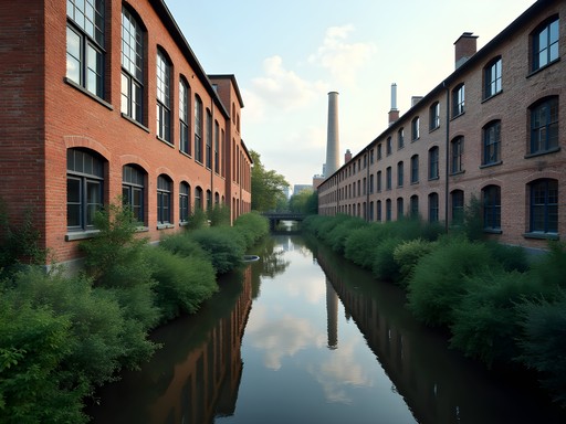 Industrial buildings along Panke River in Wedding neighborhood, Berlin