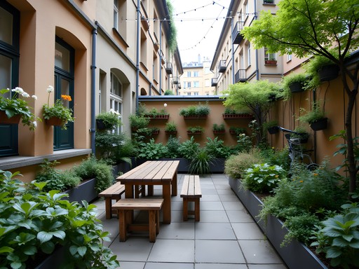 Lush green hidden courtyard between apartment buildings in Berlin with community garden