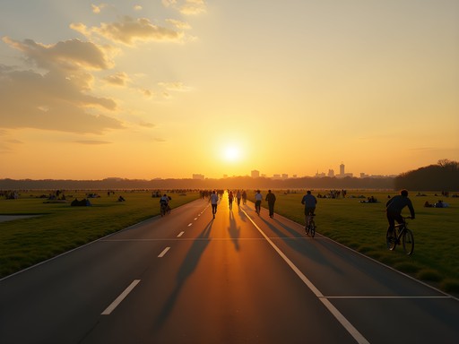 People enjoying sunset at Tempelhofer Feld former airport in Berlin