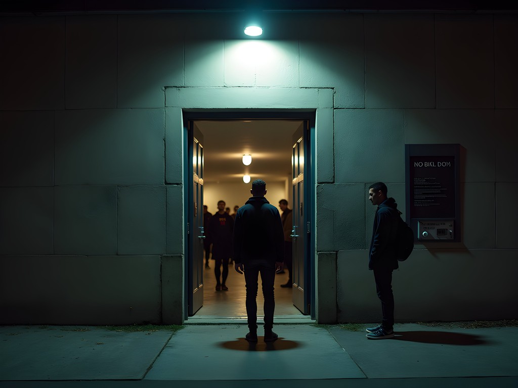 Minimalist unmarked entrance to an underground Berlin club at night