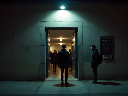 Minimalist unmarked entrance to an underground Berlin club at night