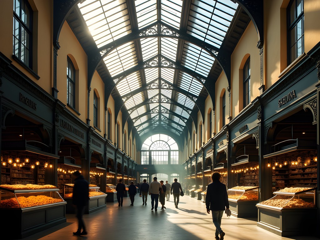 Interior of Arminius Markthalle in Moabit showing historic iron architecture and modern food stalls
