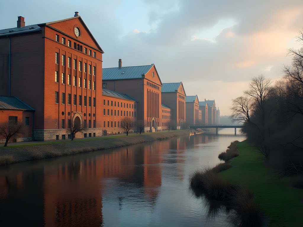 Historic industrial buildings along the Spree River in Oberschöneweide, Berlin