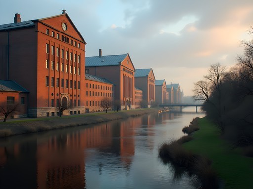 Historic industrial buildings along the Spree River in Oberschöneweide, Berlin