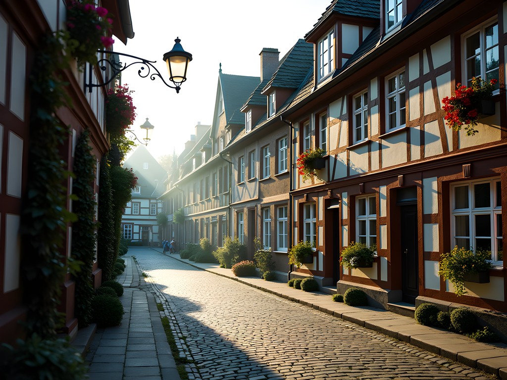 Cobblestone streets and historic buildings at Richardplatz in Rixdorf, Berlin