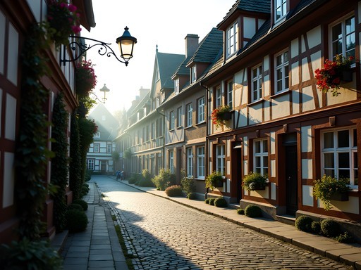 Cobblestone streets and historic buildings at Richardplatz in Rixdorf, Berlin