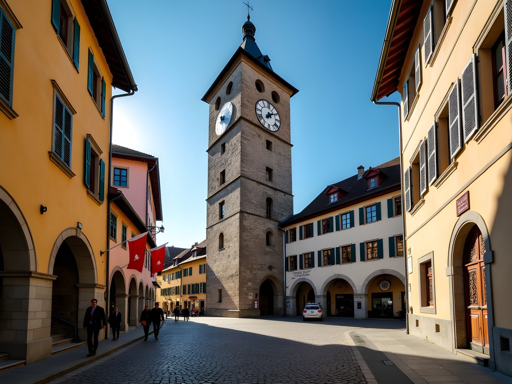 Historic Zytglogge clock tower in Bern's Old Town with morning light and pedestrians