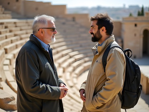 Traveler in conversation with local guide at Bosra archaeological site