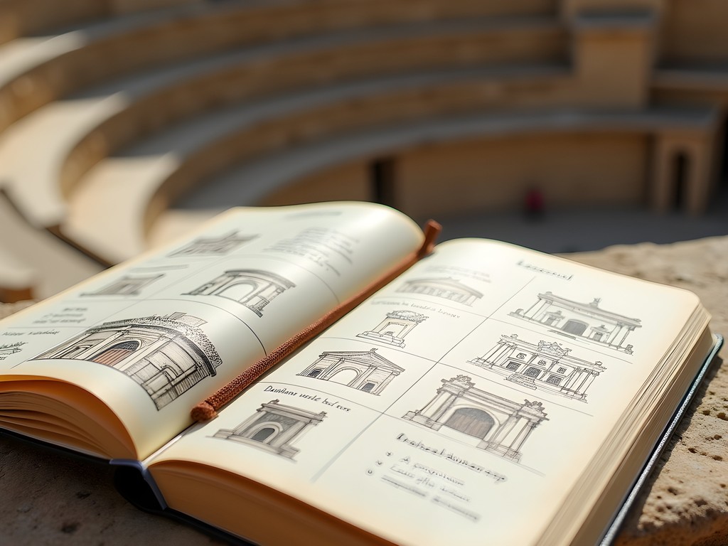 Travel notebook with sketches and notes about Bosra Roman theater