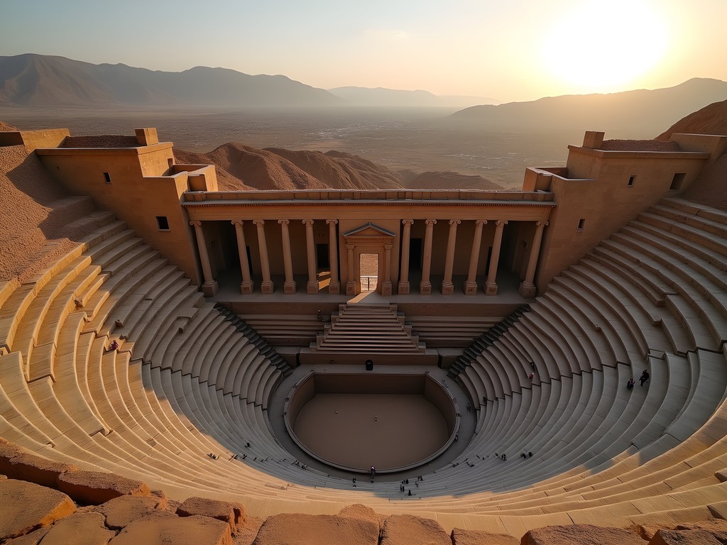 Ancient Roman Theater of Bosra with black basalt architecture against golden Syrian landscape