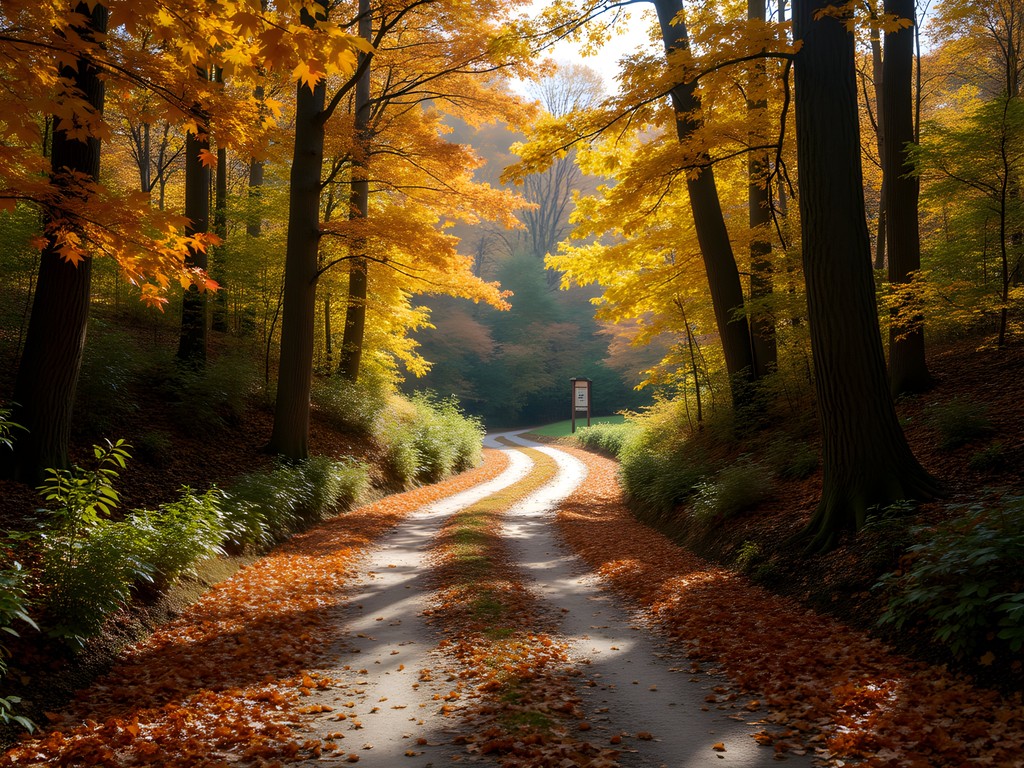 Wooded path at Brook Farm historic site with fall foliage