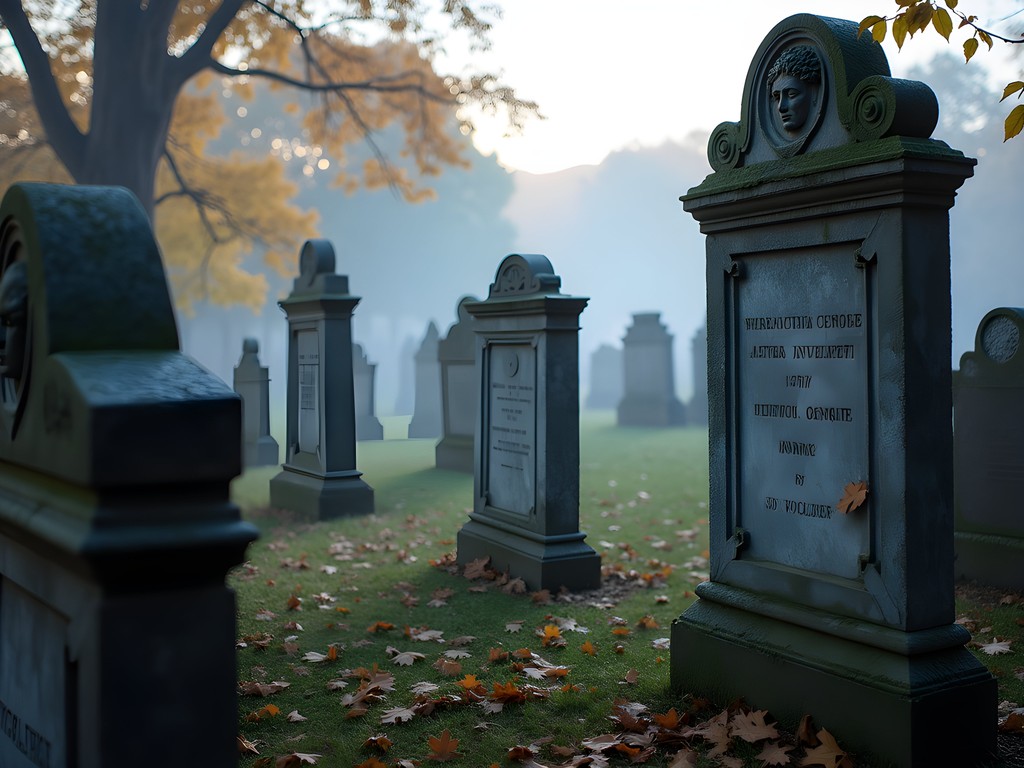 Ancient headstones in morning fog at Copp's Hill Burying Ground's northern section