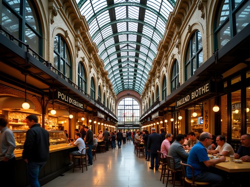 Historic Arcade Mall interior with food vendors and diners