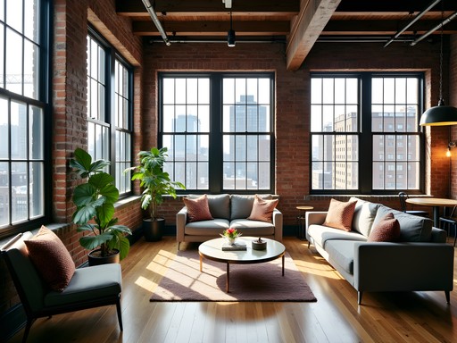 Interior of converted factory loft accommodation in Bridgeport