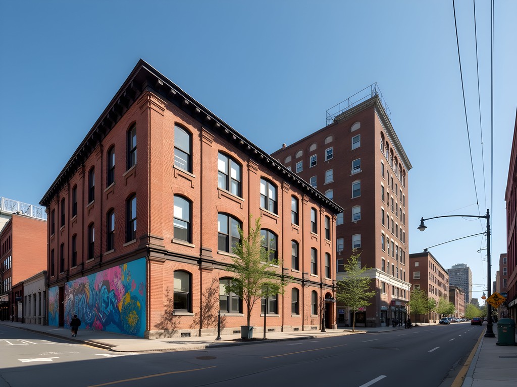 Historic brick buildings with modern murals in downtown Bridgeport