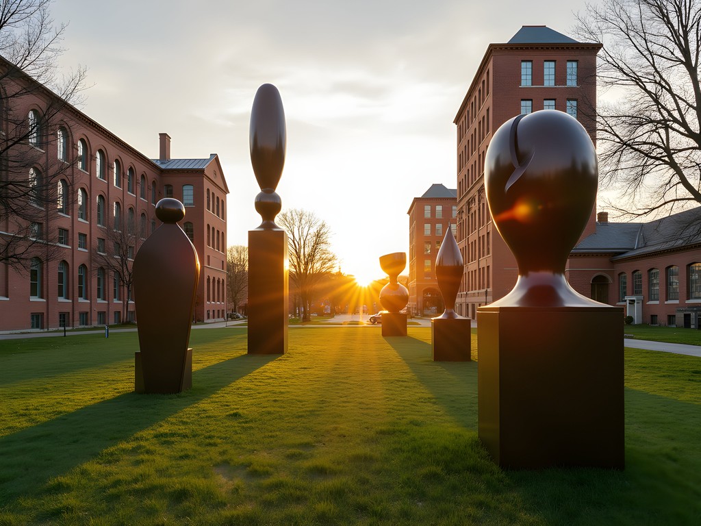 Large-scale sculptures at Knowlton Art Park with industrial buildings in background