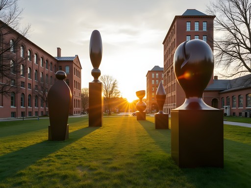 Large-scale sculptures at Knowlton Art Park with industrial buildings in background