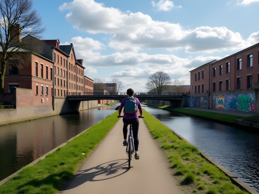 Cyclist riding along Brussels' canal with industrial buildings and street art