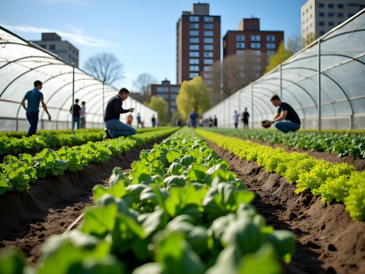 Urban farm in Brussels with spring vegetables and city skyline in background