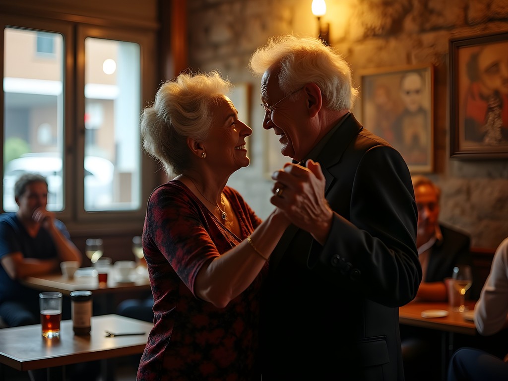 Elderly couple dancing spontaneous tango in corner café while other patrons watch appreciatively