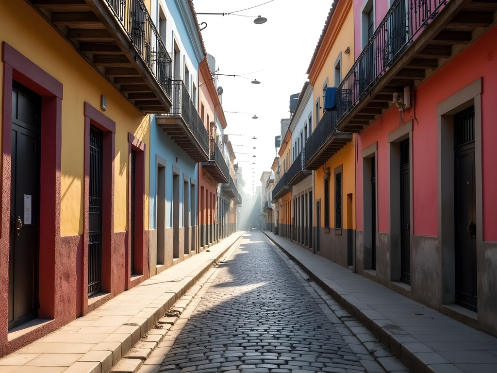 Early morning view of colorful buildings on Caminito street in La Boca before tourist crowds