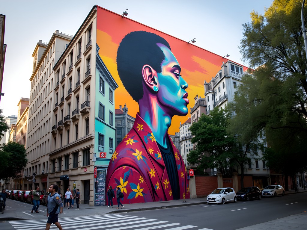 Vibrant large-scale street art mural in Palermo neighborhood with pedestrians walking by