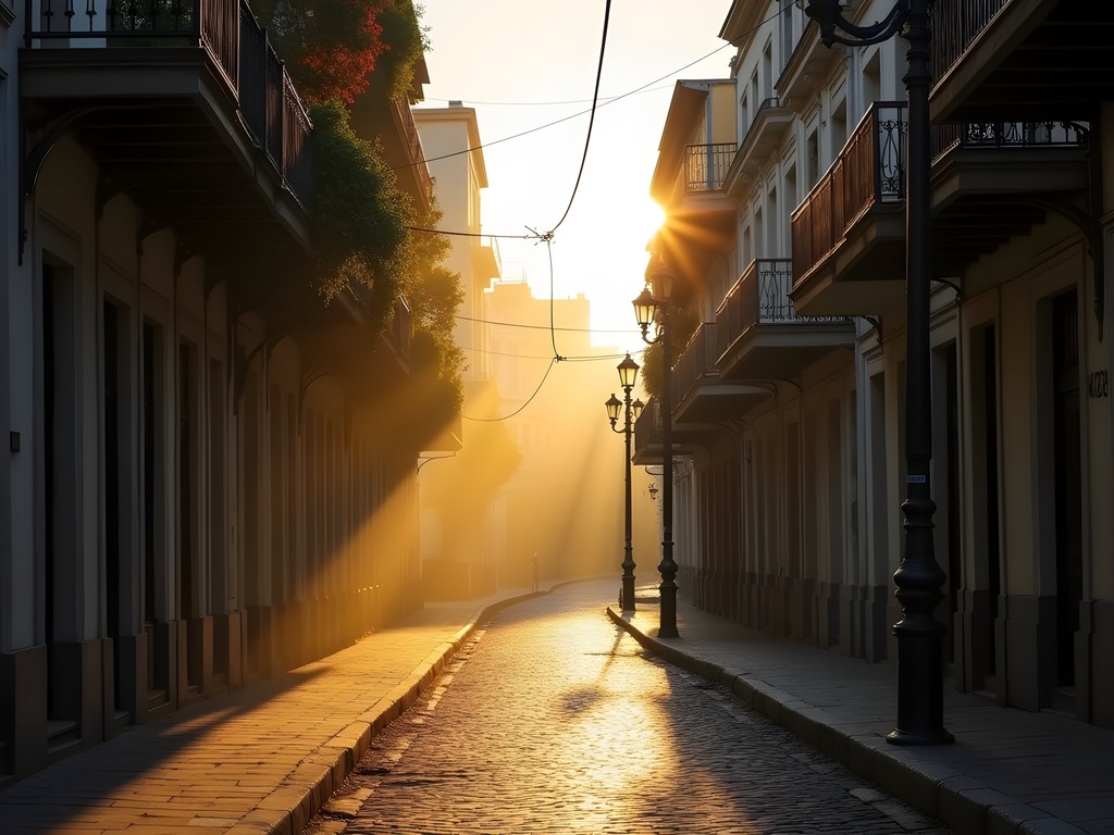 Morning light on cobblestone streets of San Telmo with historic buildings and street art