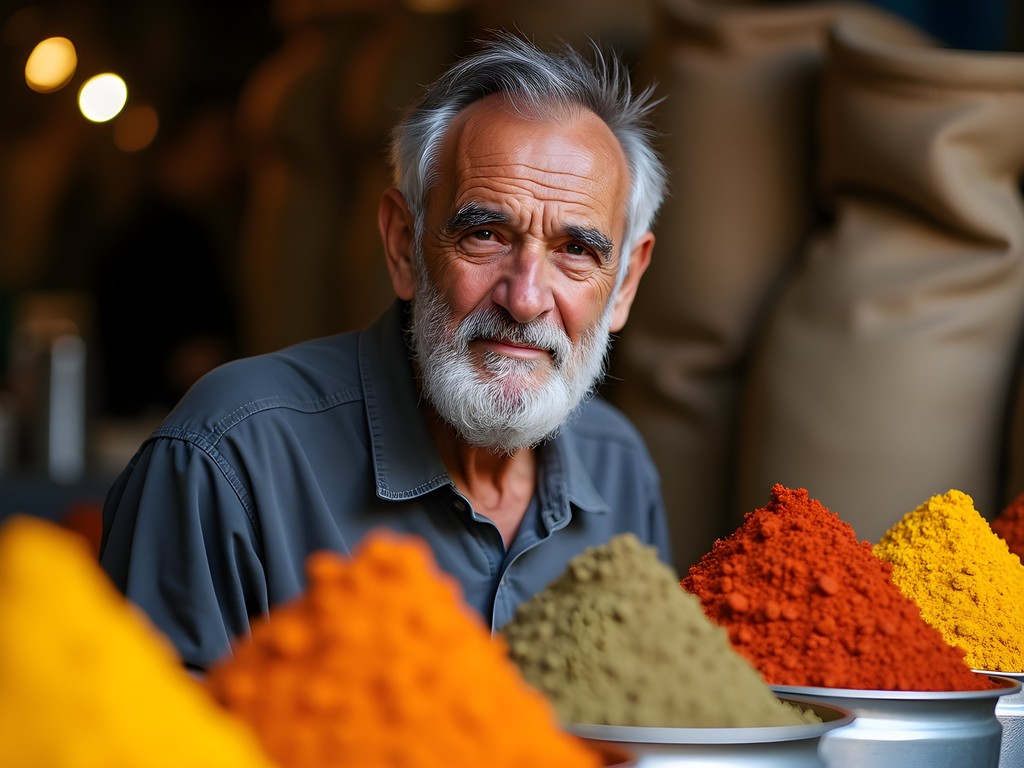 Portrait of a spice vendor at Machane Yehuda Market in Jerusalem