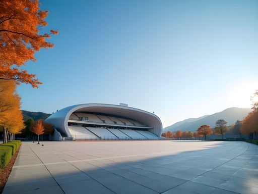 Morning light on the Busan Asiad Main Stadium with mountains in background
