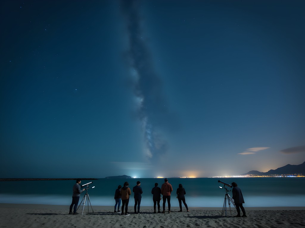 Night sky with stars over Dadaepo Beach in Busan with silhouettes of people stargazing