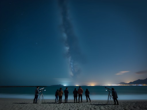 Night sky with stars over Dadaepo Beach in Busan with silhouettes of people stargazing