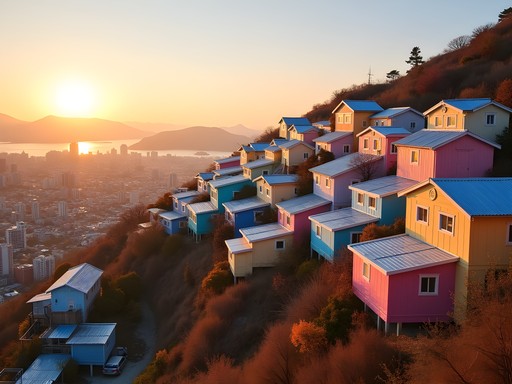 Colorful houses of Gamcheon Culture Village at sunset with Busan cityscape in background