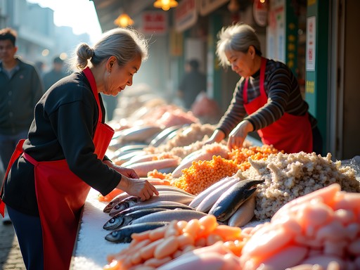 Colorful seafood displays and vendors at Jagalchi Fish Market in Busan